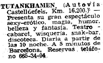 Anunci d'un espectacle a la Discoteca Tutankhamen de Gav Mar publicado en el diario LA VANGUARDIA (23 de Septiembre de 1977)